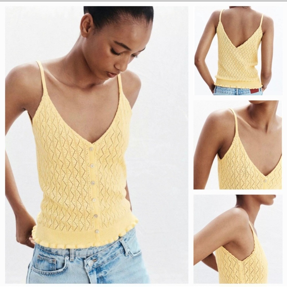 Zara Womens Yellow Pointelle Knit Ruffle V-Neck Cami Size Large
